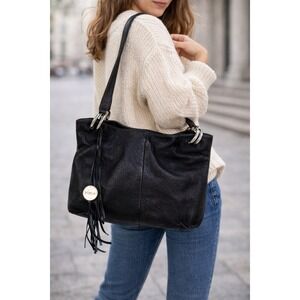 Furla Black Pebbled Leather Shoulder Bag Tassel Charm Silver Hardware Purse